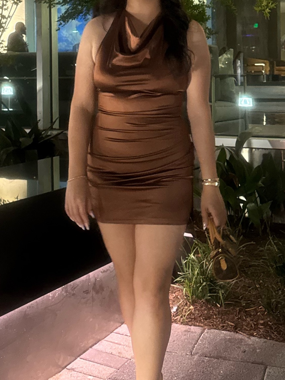 Satin Cowl Neck Bodycon Mini Dress in Brown